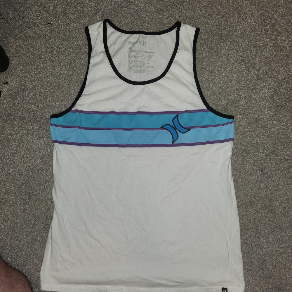 Hurley Men's White Tank Top with Blue and Purple Stripes